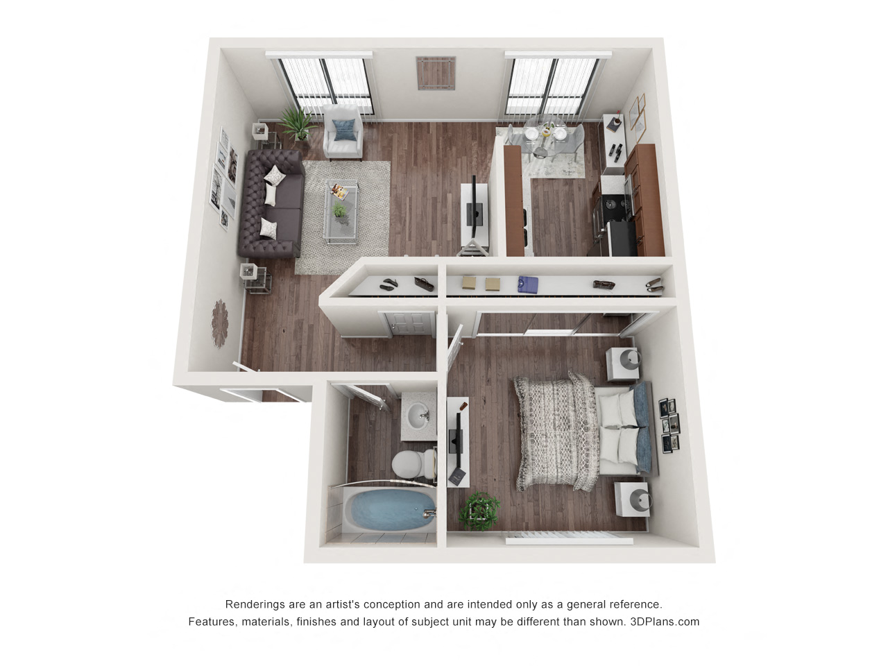 Floor plan for 1 bed, 1 bath, 630 sqft